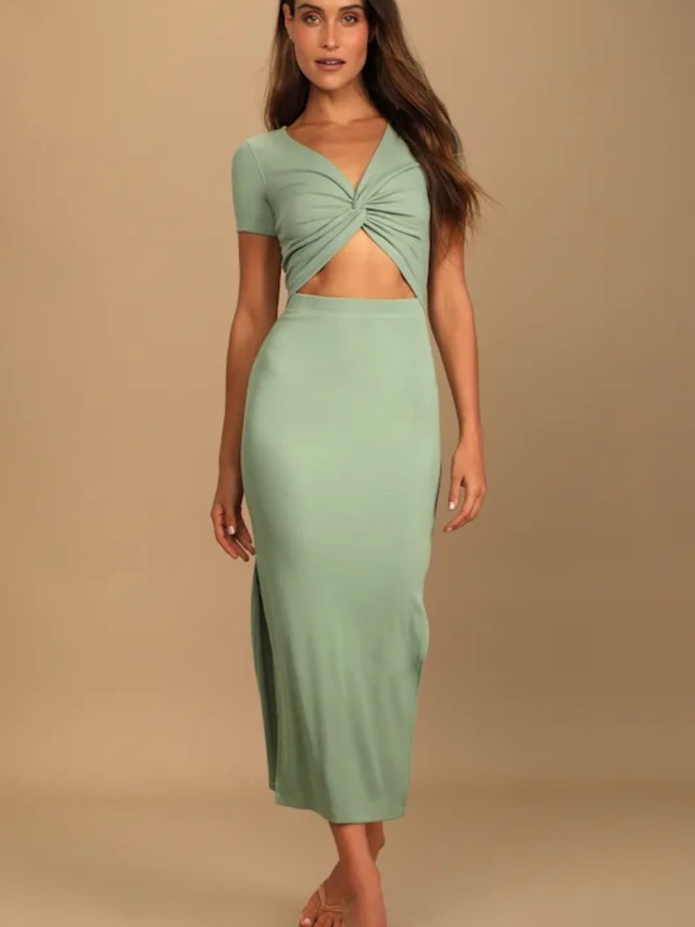 Lulu's Sage Green Twist-Front Midi Dress